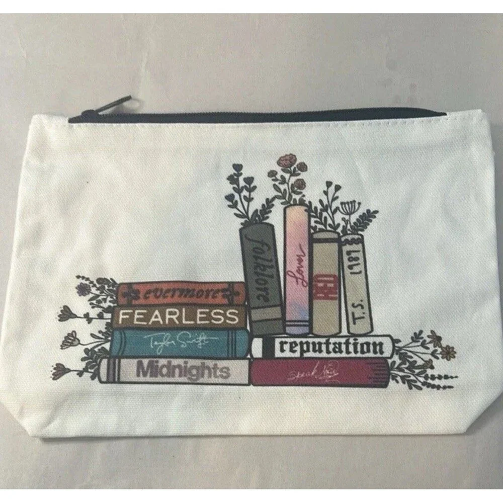 White and Black Cosmetic Bag with Books Design